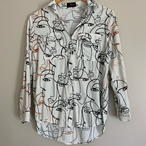 Face Line Art Print Button Up Blouse - Picture 3 of 3